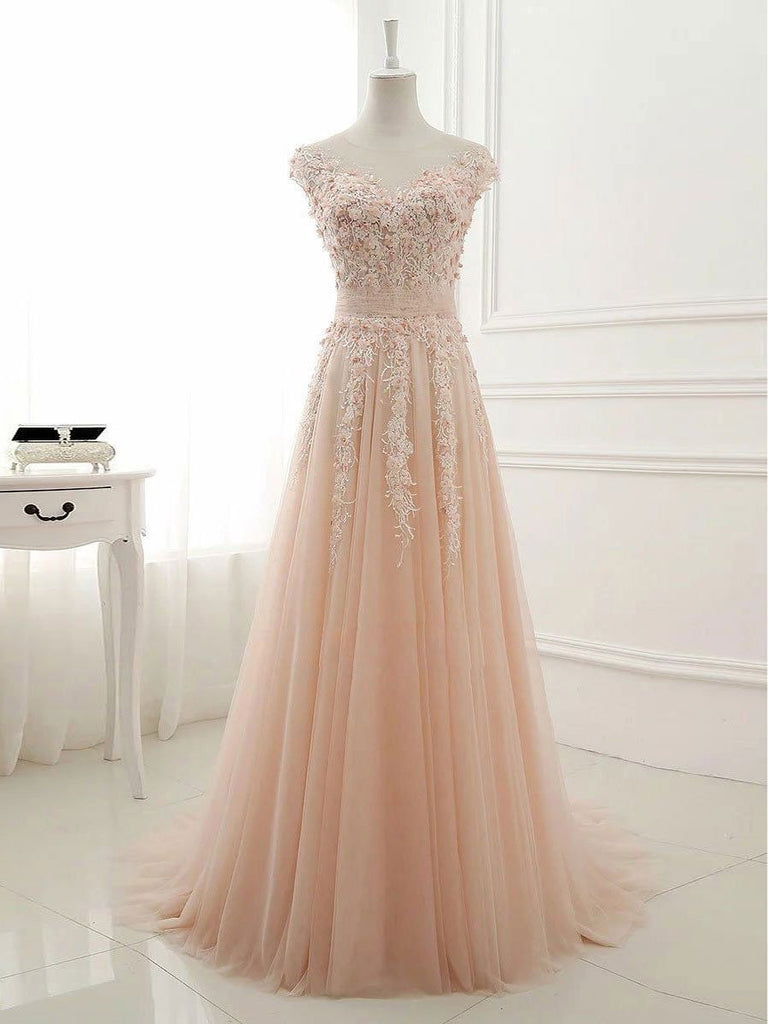 BohoProm prom dresses A-line Illusion Sweep Train Tulle Appliqued Prom Dresses 3020