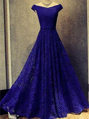 BohoProm prom dresses A-line Off-Shoulder Floor-Length Lace Royal Blue Prom Dresses HX00107