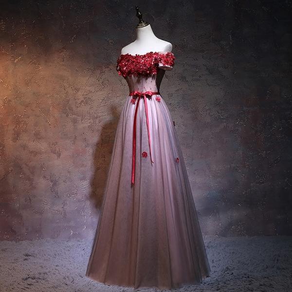 BohoProm prom dresses A-line Off-Shoulder Floor-Length Tulle Appliqued Beaded Prom Dresses ASD2580