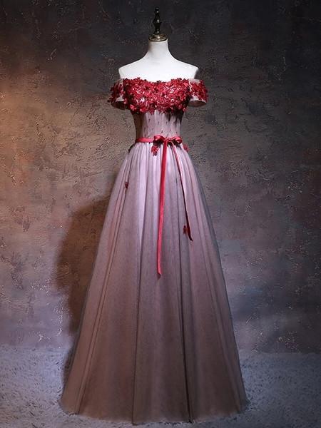 BohoProm prom dresses A-line Off-Shoulder Floor-Length Tulle Appliqued Beaded Prom Dresses ASD2580