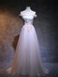 A-line Off-Shoulder Floor-Length Tulle Appliqued Beaded Prom Dresses ASD2588