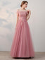 A-line Off-Shoulder Floor-Length Tulle Appliqued Beaded Prom Dresses ASD26776