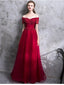 A-line Off-Shoulder Floor-Length Tulle Appliqued Beaded Red Prom Dresses ASD27007