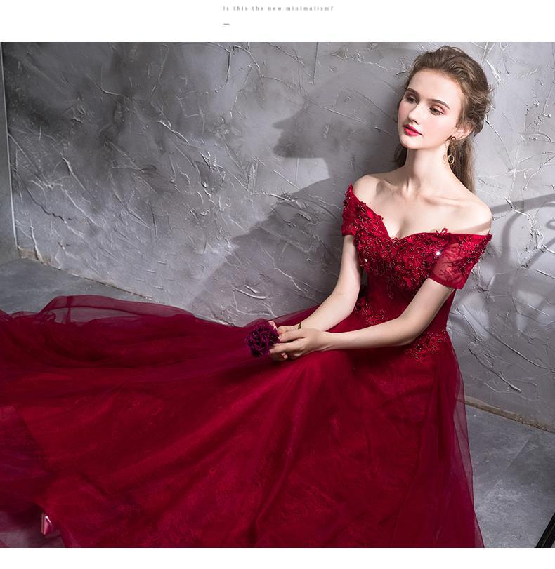 BohoProm prom dresses A-line Off-Shoulder Floor-Length Tulle Appliqued Beaded Red Prom Dresses ASD27007