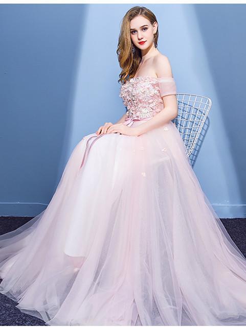 BohoProm prom dresses A-line Off-Shoulder Floor-Length Tulle Appliqued Pink Prom Dresses ASD26987