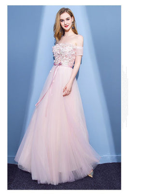 BohoProm prom dresses A-line Off-Shoulder Floor-Length Tulle Appliqued Pink Prom Dresses ASD26987