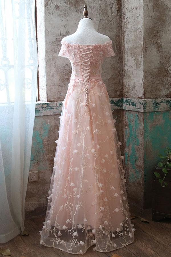 BohoProm prom dresses A-line Off-Shoulder Floor-Length Tulle Appliqued Pink Prom Dresses HX0041