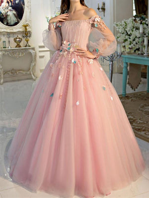 BohoProm prom dresses A-line Off-Shoulder Floor-Length Tulle Appliqued Pink Prom Dresses HX0042