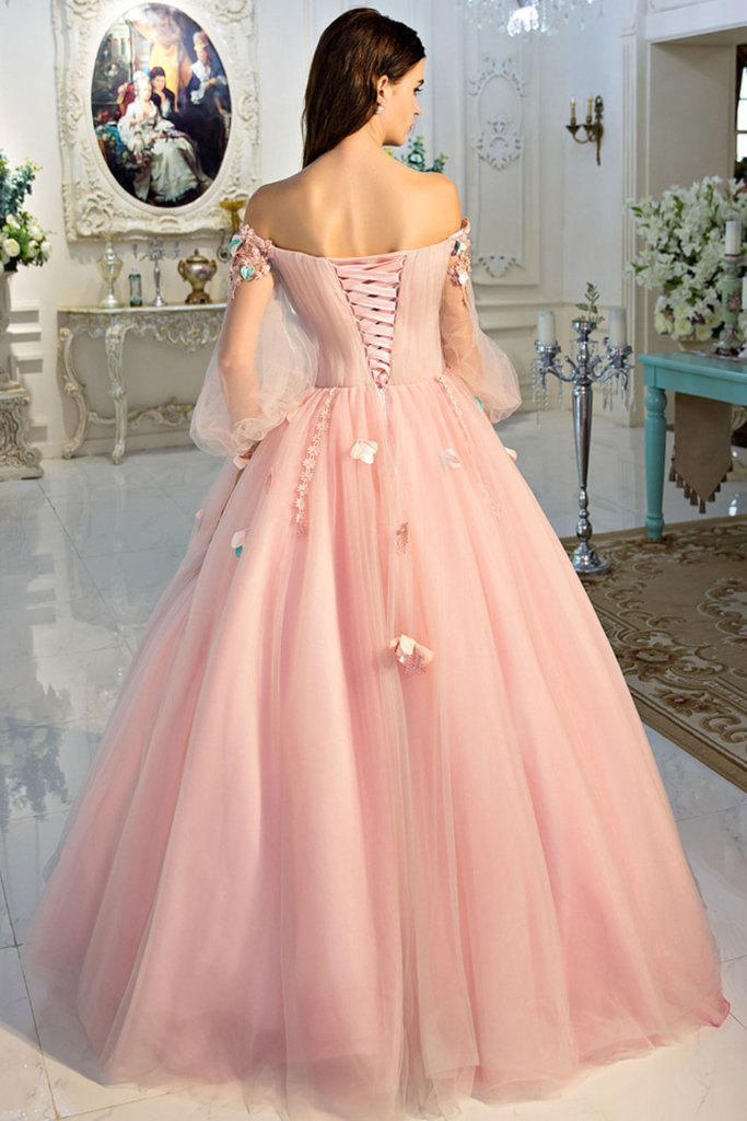 BohoProm prom dresses A-line Off-Shoulder Floor-Length Tulle Appliqued Pink Prom Dresses HX0042