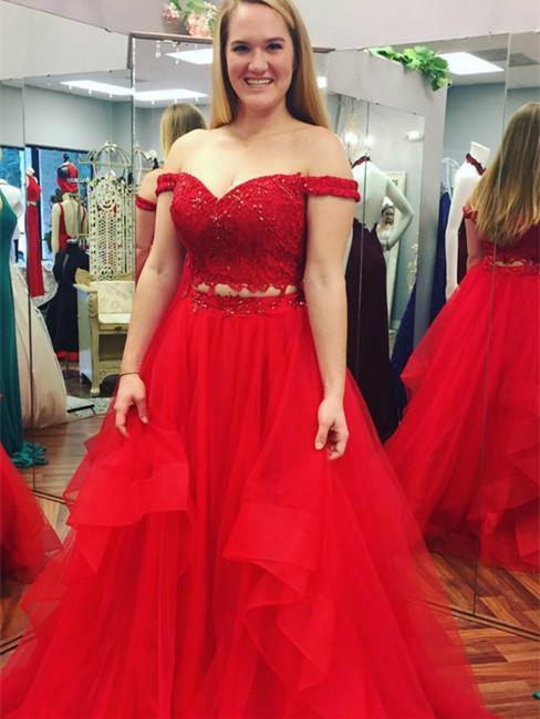 A-line Off-Shoulder Floor-Length Tulle Red Prom Dresses Beading H –