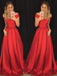 BohoProm prom dresses A-line Off-Shoulder Sweep Train Satin Red Prom Dresses 2821