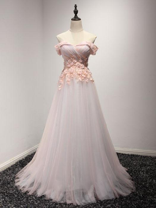 BohoProm prom dresses A-line Off-Shoulder Sweep Train Tulle Appliqued Beaded Prom Dresses ASD26770