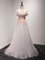 A-line Off-Shoulder Sweep Train Tulle Appliqued Beaded Prom Dresses ASD26770