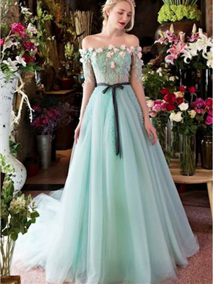 BohoProm prom dresses A-line Off-Shoulder Sweep Train Tulle Appliqued Prom Dresses ASD2570