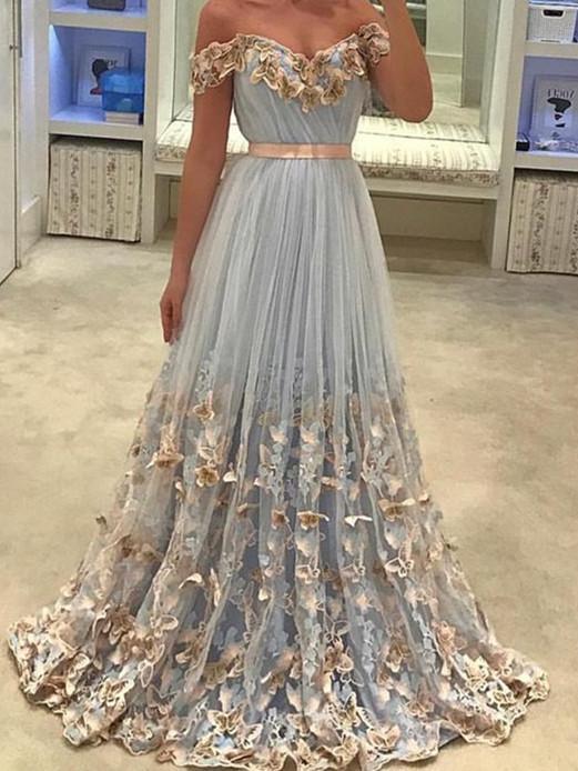 BohoProm prom dresses A-line Off-Shoulder Sweep Train Tulle Prom Dresses With Butterflies ASD26745