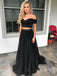 BohoProm prom dresses A-line Off-Shoulder Sweep Train Tulle Two Piece  Black Prom Dresses 3031