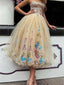 A-line Off-Shoulder Tea-Length Tulle Prom Dresses With Appliques HX00123