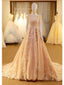 A-line Scoop-neck Chapel Train Tulle Appliqued Long Prom Dresses ASD26798