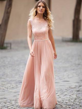 BohoProm prom dresses A-line Scoop-Neck Floor-Length Chiffon Coral Prom Dresses HX00121