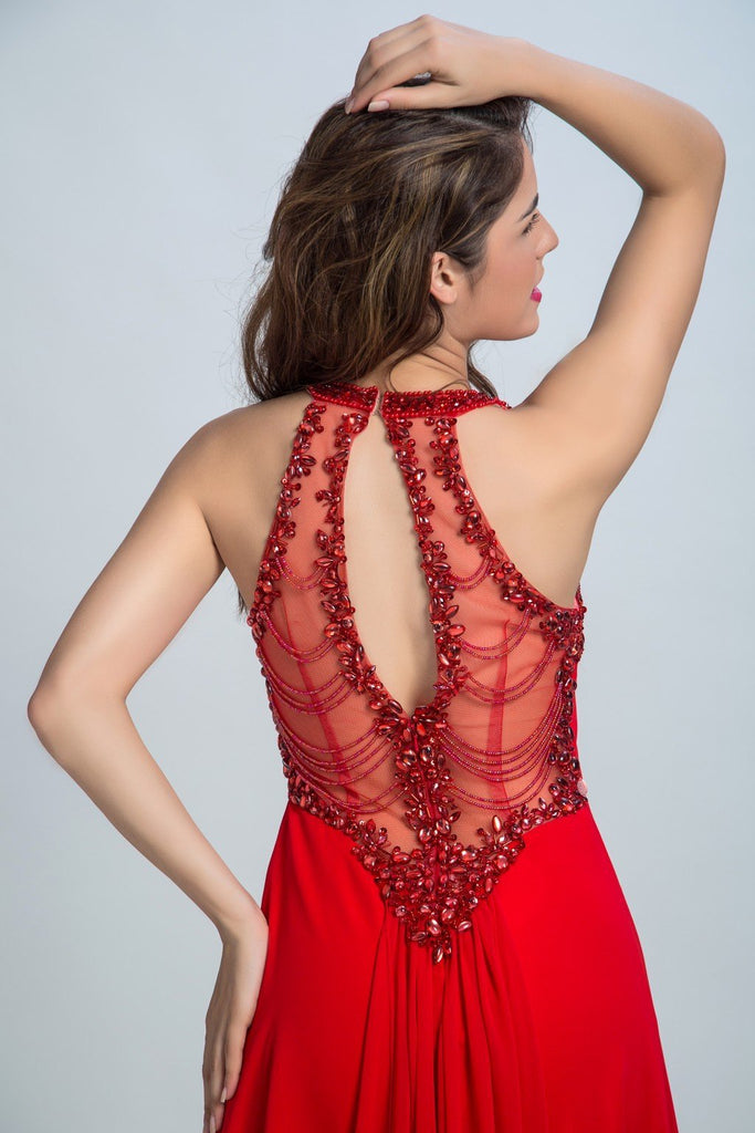 BohoProm prom dresses A-line Scoop-Neck  Floor-Length Chiffon Rhine Stone Beaded Red Prom Dresses 2902