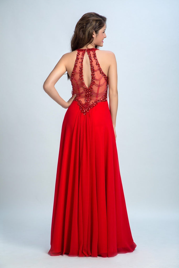 BohoProm prom dresses A-line Scoop-Neck  Floor-Length Chiffon Rhine Stone Beaded Red Prom Dresses 2902