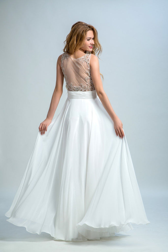 BohoProm prom dresses A-line Scoop-Neck Floor-Length Chiffon Rhine Stone Beaded  White Prom Dresses 2905