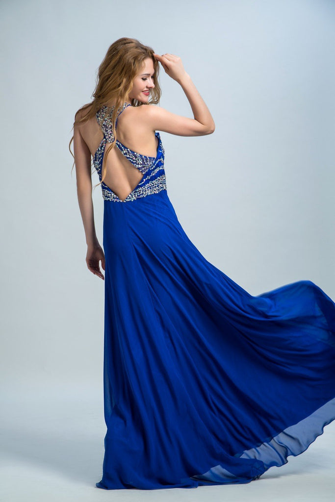 BohoProm prom dresses A-line Scoop-Neck Floor-Length Chiffon Rhine Stone  Royal Blue Prom Dresses 2920