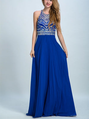 BohoProm prom dresses A-line Scoop-Neck Floor-Length Chiffon Rhine Stone  Royal Blue Prom Dresses 2920