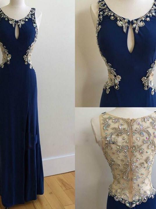 BohoProm prom dresses A-line Scoop-Neck Floor-Length Chiffon Royal Blue Prom Dresses With Beading ASD27107