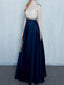 A-line Scoop-Neck Floor-Length Satin Beaded Prom Dresses HX00144