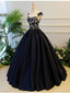 A-line Scoop-Neck Floor-Length Satin Long Black Prom Dresses HX00111