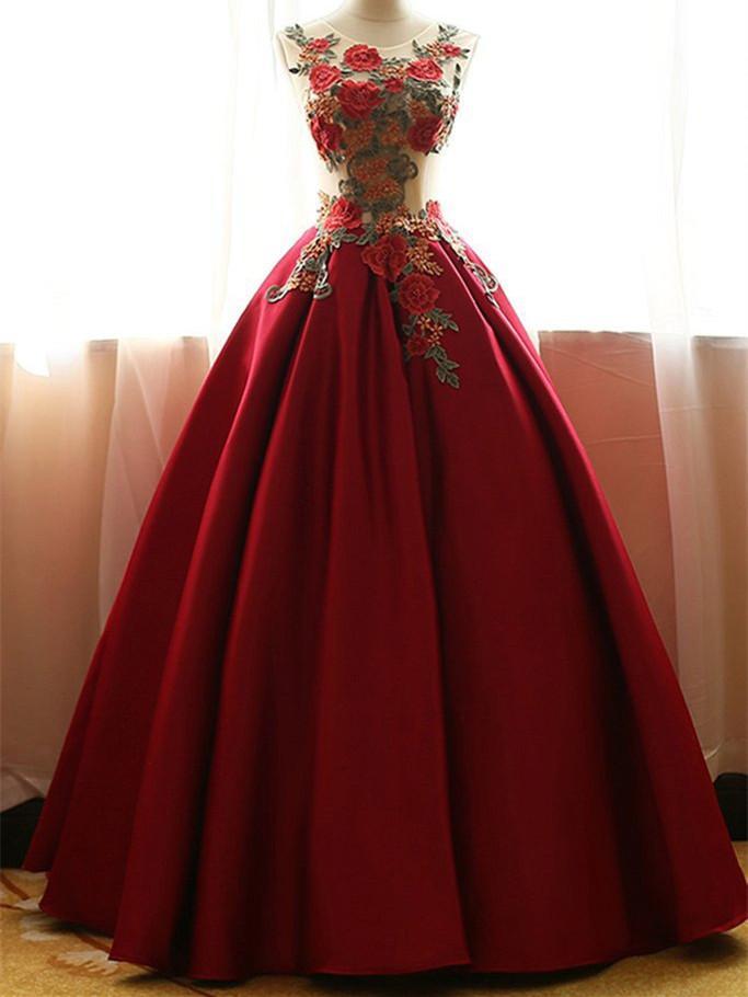 BohoProm prom dresses A-line Scoop-Neck Floor-length Satin Red Prom Dresses With Appliques HX00155