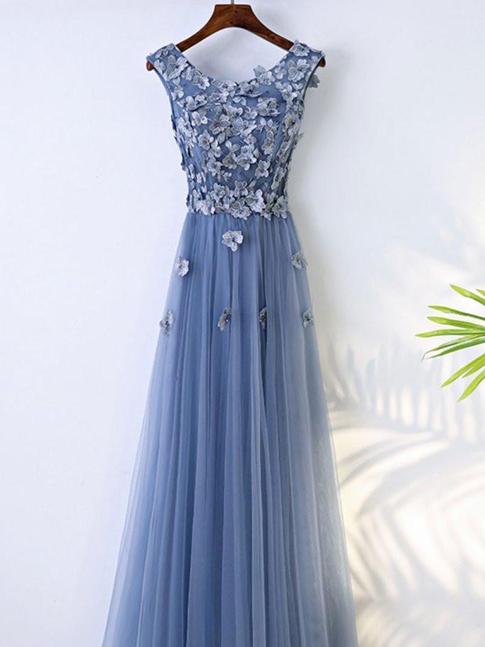BohoProm prom dresses A-line Scoop-neck Floor-Length Tulle Appliqued Beaded Prom Dresses ASD26820