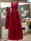 A-line Scoop-Neck Floor-Length Tulle Appliqued Beaded Red  Prom Dresses ASD26985