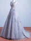 A-line Scoop-neck Floor-length Tulle Appliqued Gray Prom Dresses HX00149