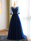 A-line  Scoop Neck  Floor-Length Tulle Appliqued Prom Dresses 2874