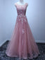 A-line Scoop-Neck Floor-Length Tulle Appliqued Prom Dresses ASD2619