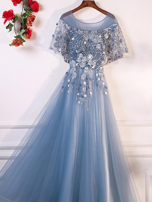 BohoProm prom dresses A-line Scoop-neck Floor-Length Tulle Appliqued Prom Dresses ASD26883