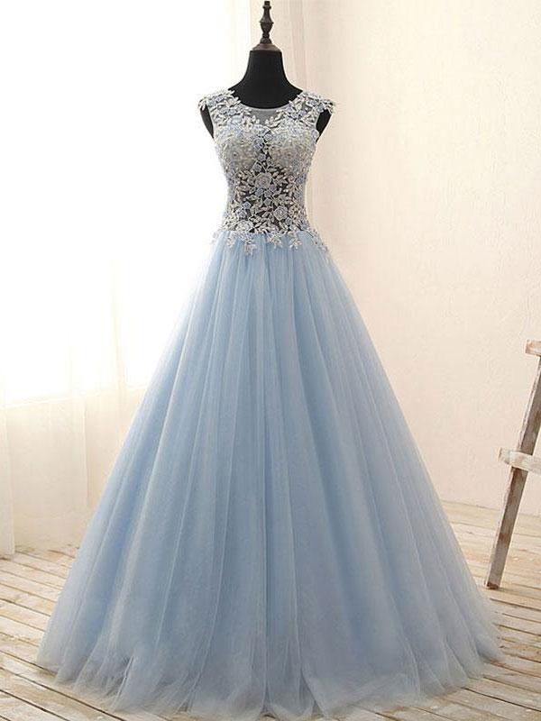 BohoProm prom dresses A-line Scoop-Neck Floor-Length Tulle Appliqued Rhine Stone Prom Dress 3114
