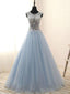 A-line Scoop-Neck Floor-Length Tulle Appliqued Rhine Stone Prom Dress 3114