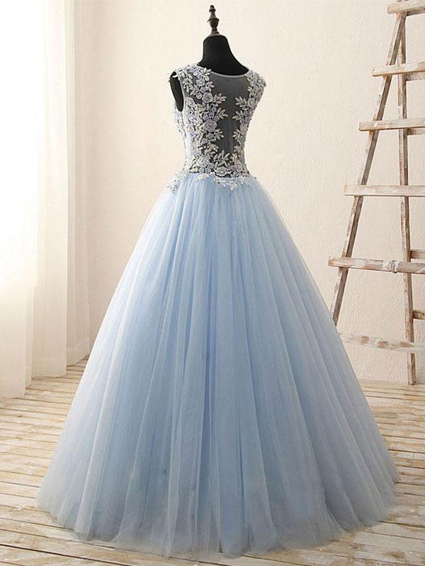 BohoProm prom dresses A-line Scoop-Neck Floor-Length Tulle Appliqued Rhine Stone Prom Dress 3114