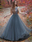 A-line Scoop-Neck Floor-Length Tulle Gray Prom Dresses HX00108