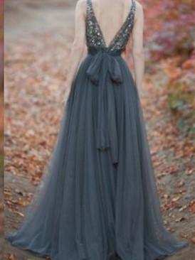 BohoProm prom dresses A-line Scoop-Neck Floor-Length Tulle Gray Prom Dresses HX00108