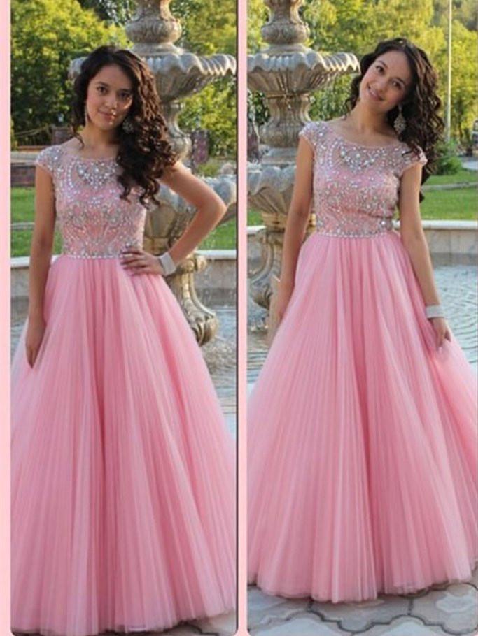 BohoProm prom dresses A-line Scoop-Neck Floor-Length Tulle Prom Dresses With Rhine Stones HX00133