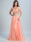 A-line Scoop-Neck Floor-Length Tulle Beaded Two Piece Evening Dresses 2908