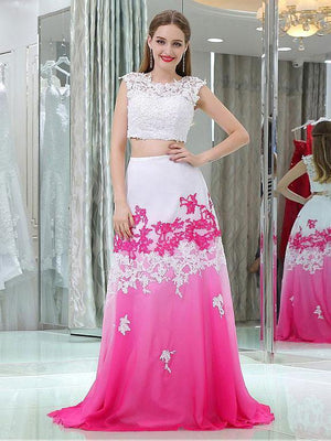 BohoProm prom dresses A-Line Scoop-neck Sweep Train Chiffon Appliqued Two Piece Prom Dress 3095