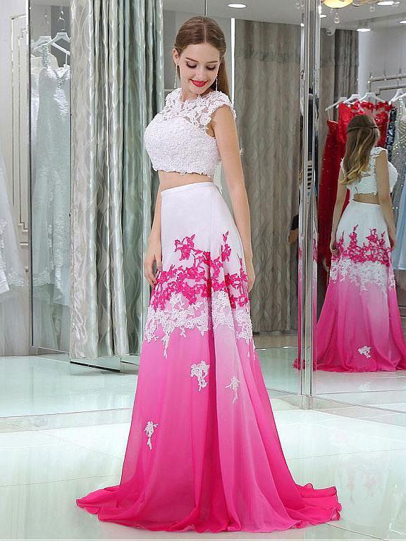 BohoProm prom dresses A-Line Scoop-neck Sweep Train Chiffon Appliqued Two Piece Prom Dress 3095
