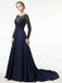 BohoProm prom dresses A-line Scoop-Neck Sweep Train Chiffon Long Prom Dresses With Beading HX0080