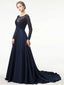 A-line Scoop-Neck Sweep Train Chiffon Long Prom Dresses With Beading HX0080