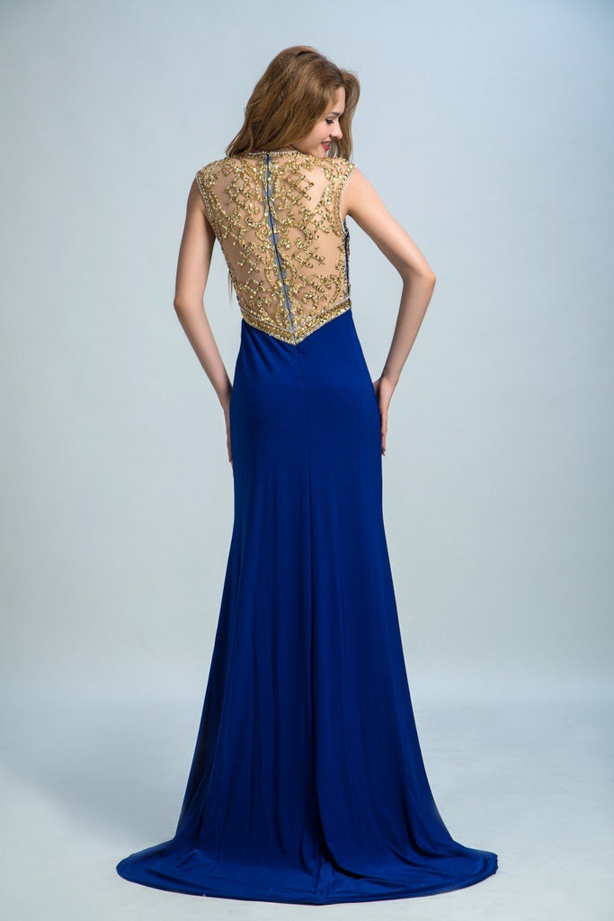 BohoProm prom dresses A-line Scoop-Neck Sweep Train Chiffon Rhine Stone  Beaded Royal Blue Prom Dresses 2927